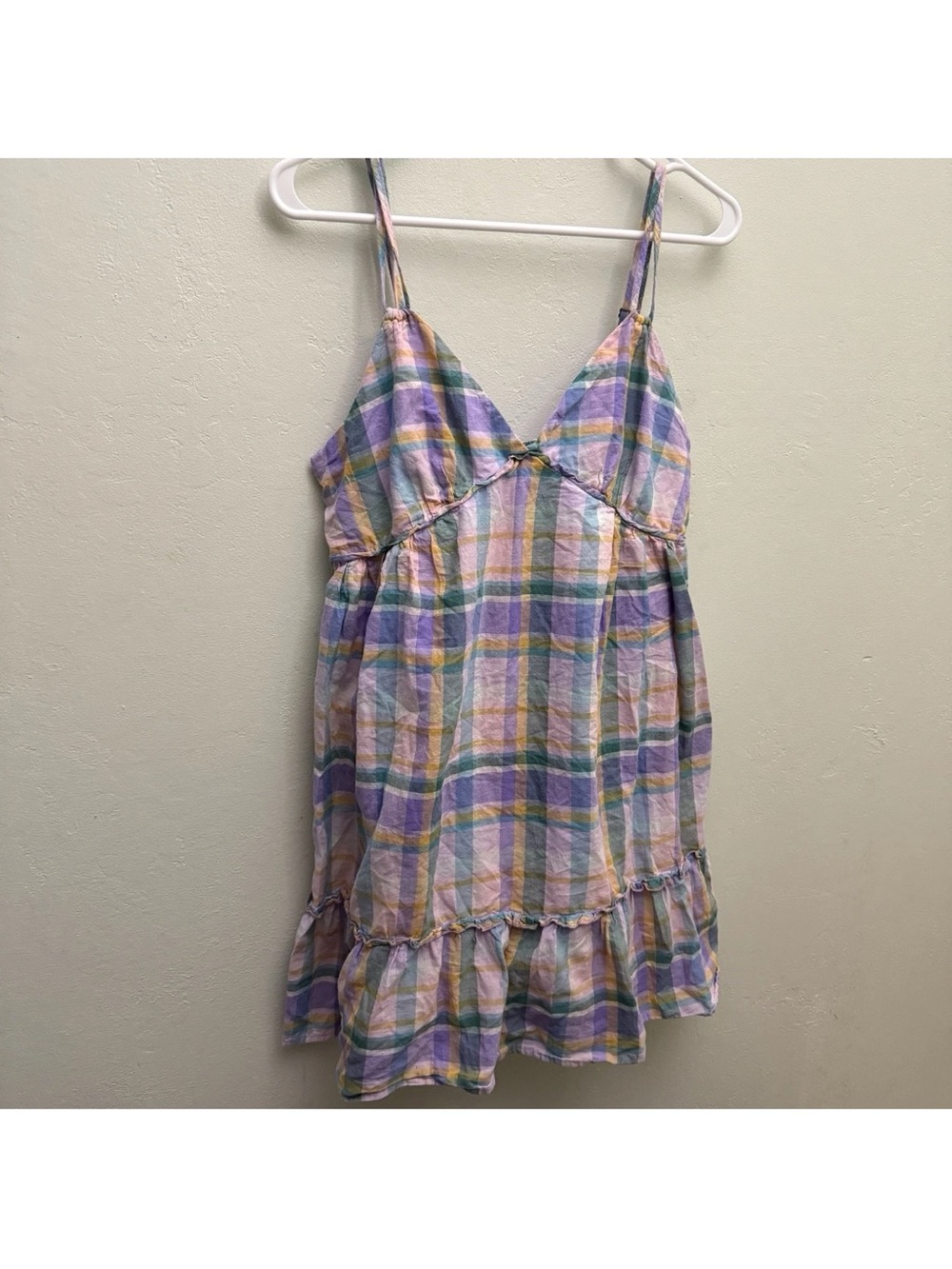 wild fable Pastel Plaid Sundress large L Lavender Pink spaghetti strap vneck A1